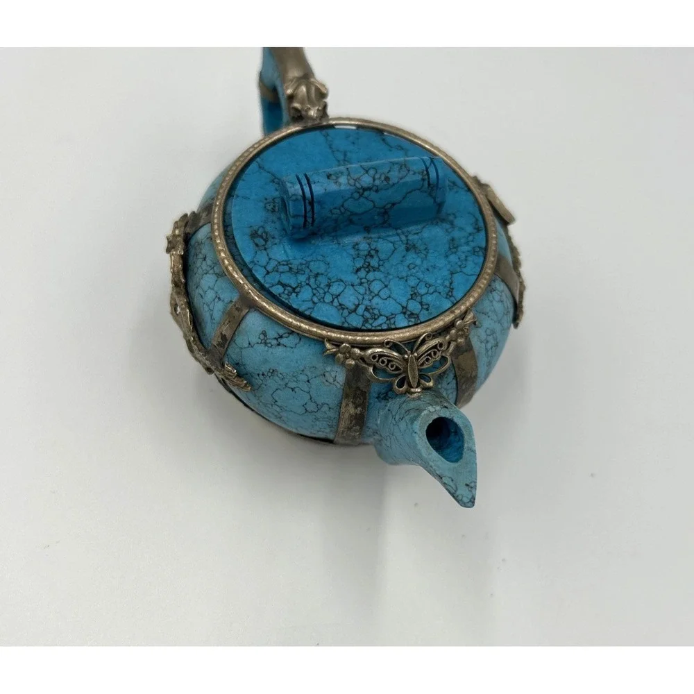 Oriental Turquoise Miniature Teapot with Silver Accents Dragon Phoenix